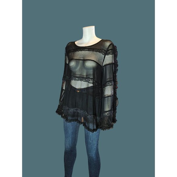 2/$35 POL Black Sheer Lace Witchy Goth Whymsical Bell Sleeve Oversized Blouse S - Picture 1 of 9